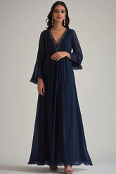 Marineblaues Chiffon Abendkleid mit V-Ausschnitt und langen Ärmeln in A-Linie